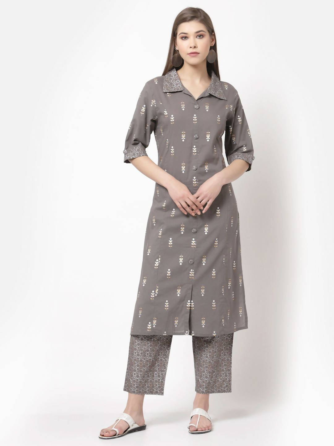 Myshka Women's Grey Cotton Printed Half Sleeve Casual Kurta & Palazzo Set | Grocsy