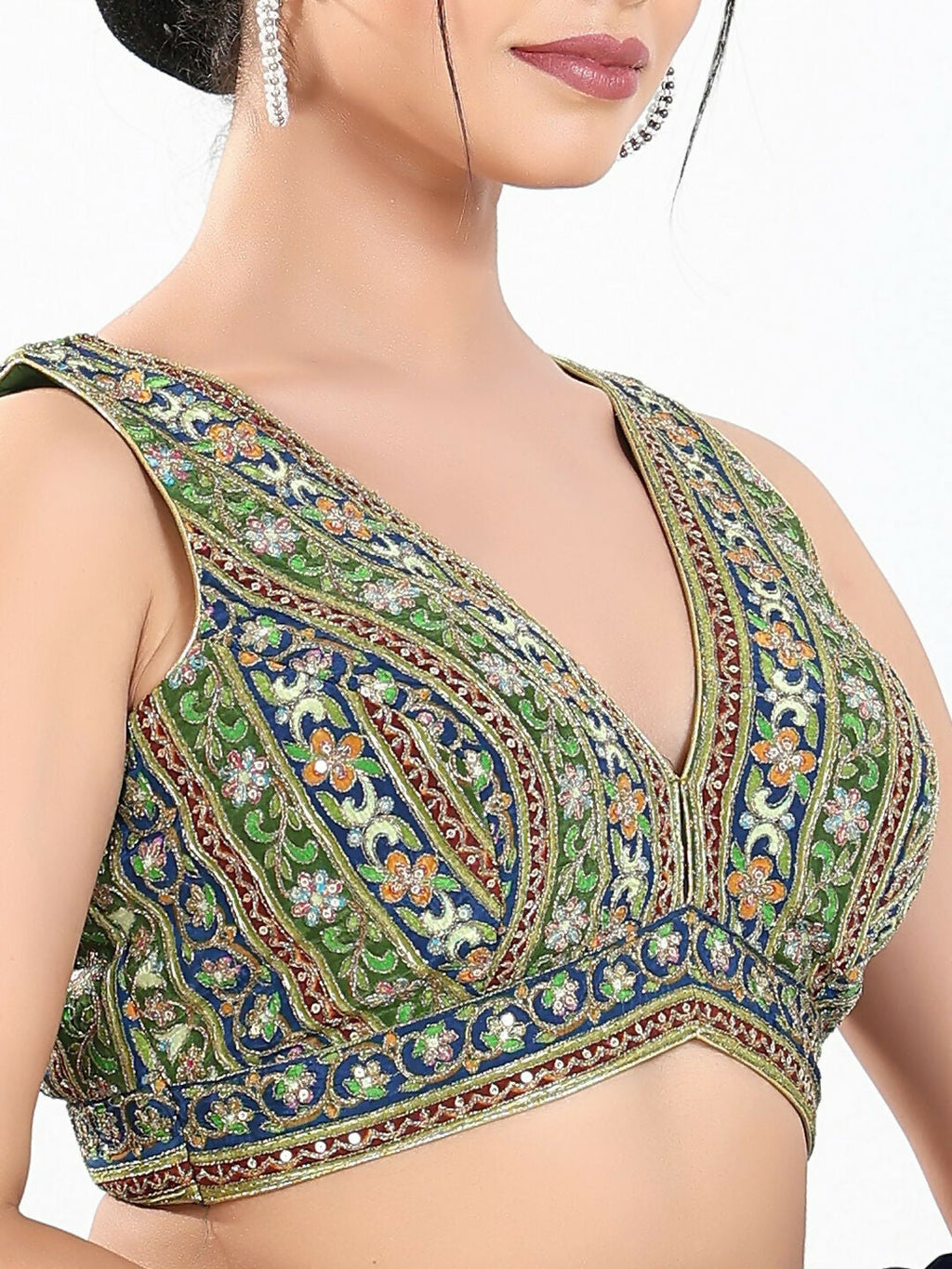 Joban Fashion Green Multi Georgette Padded Blouse With V Neck Sleeveless | Grocsy