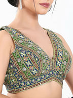 Joban Fashion Green Multi Georgette Padded Blouse With V Neck Sleeveless | Grocsy