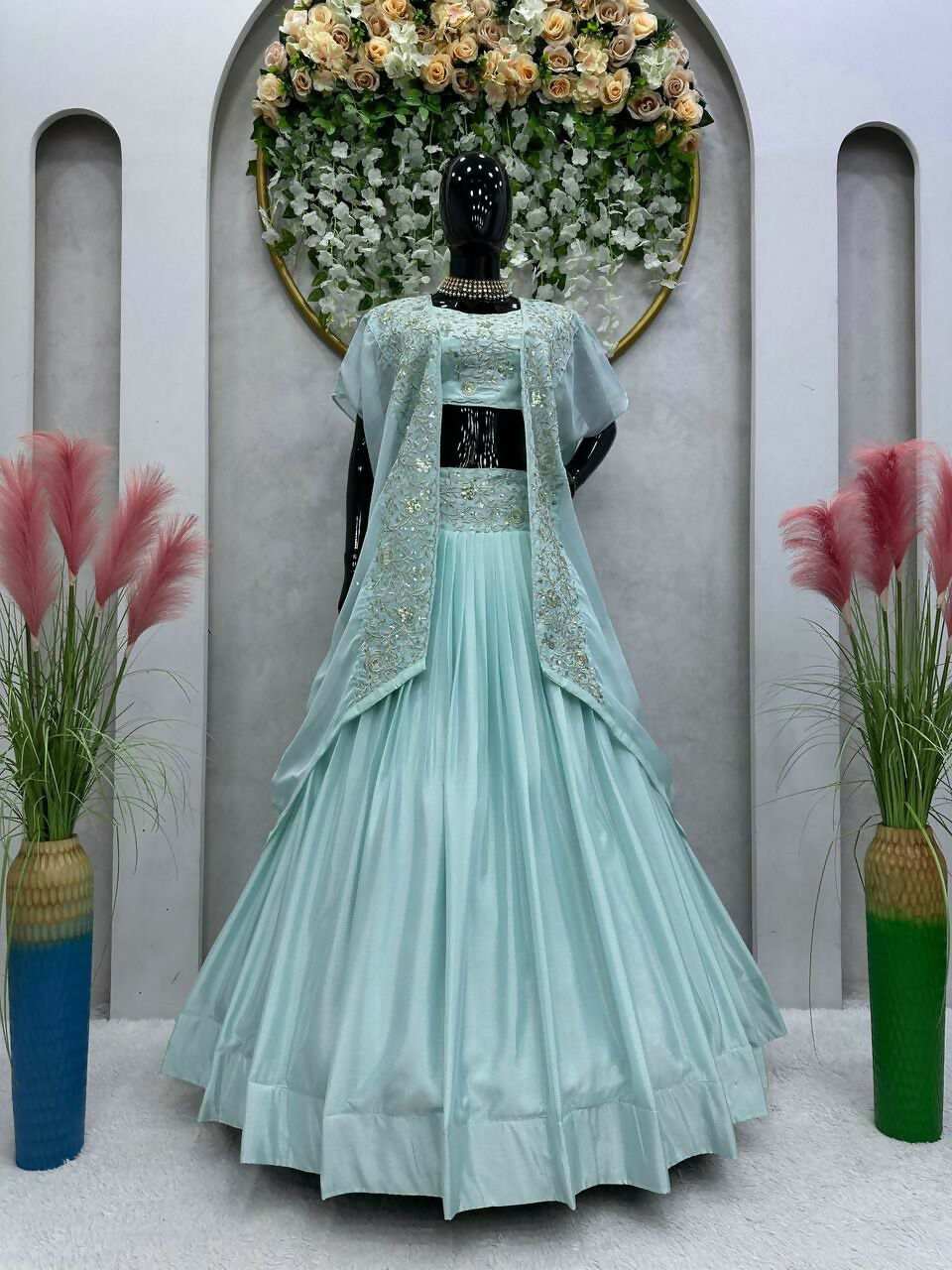 Jyoti Fashion Women's Sky Blue Chinon Sequins with Thread Embroidered Designer Lehenga Choli with Shrug Set | Grocsy