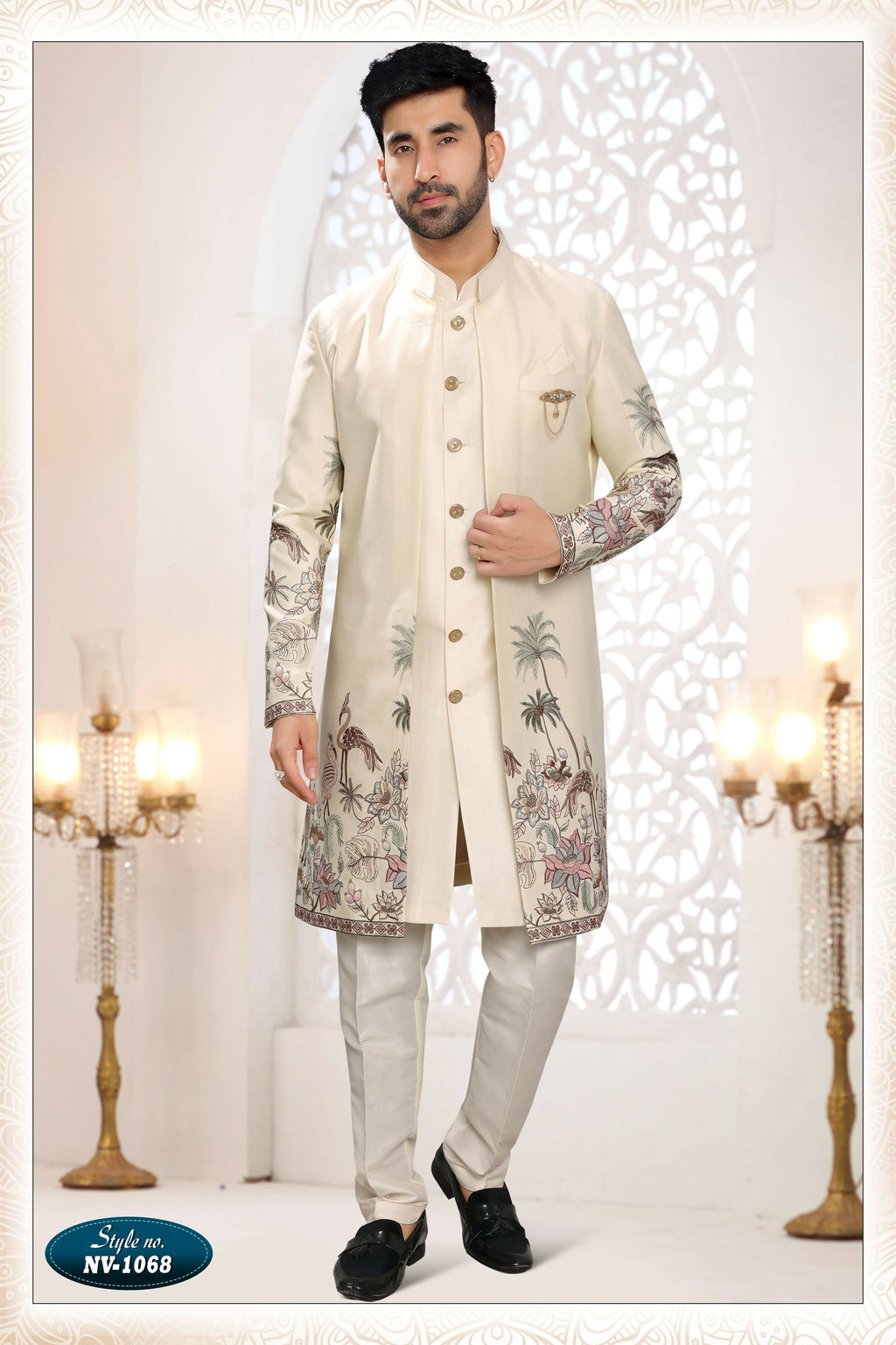 Joban Fashion Men's Cream Straight Silk Thread And Sequence Embroidery All Over 3 Pc Kurta Set | Grocsy