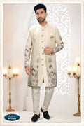 Joban Fashion Men's Cream Straight Silk Thread And Sequence Embroidery All Over 3 Pc Kurta Set | Grocsy
