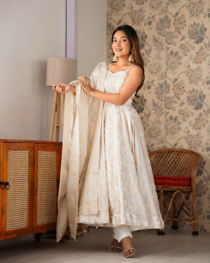 The52 Women's Gorgeous Jacquard Work Jacquard Silk Fabric Flared Anarkali Pant and Dupatta Set | Grocsy