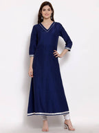 Myshka Women's Navy Blue Cotton 3/4 Sleeve V Neck Solid Casual Anarkali Kurta Dupatta Set | Grocsy
