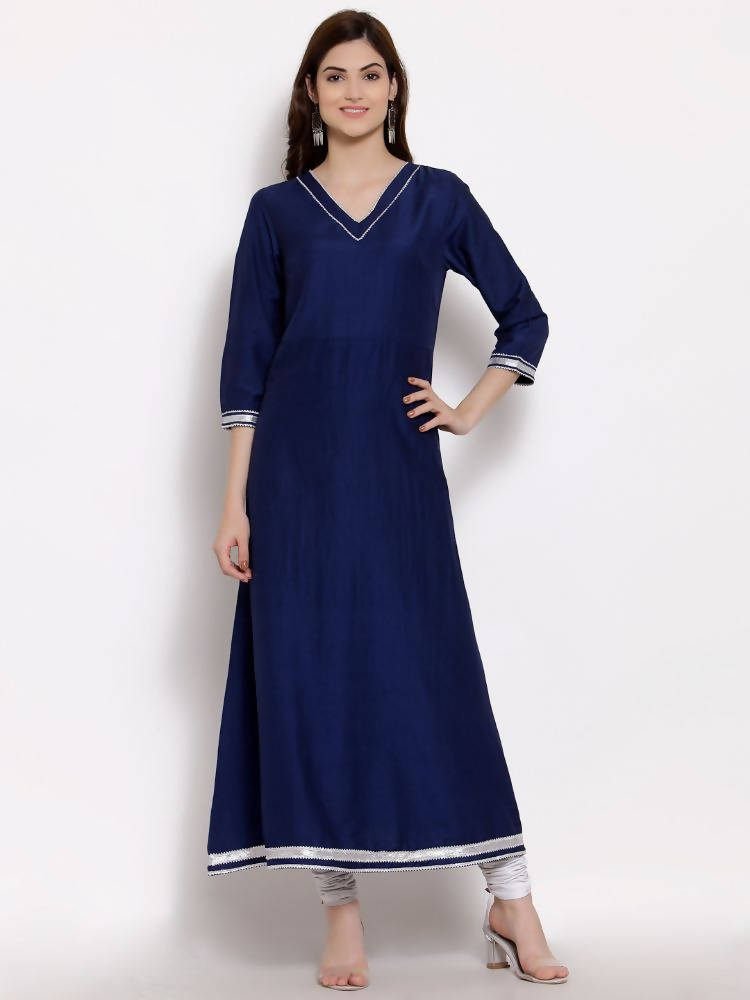 Myshka Women's Navy Blue Cotton 3/4 Sleeve V Neck Solid Casual Anarkali Kurta Dupatta Set | Grocsy