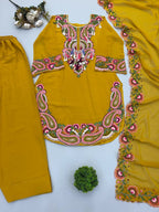 Teeya Creation New Women's Elegant Yellow Straight Cut Suit with Heavy Neckline Embroidery | Grocsy