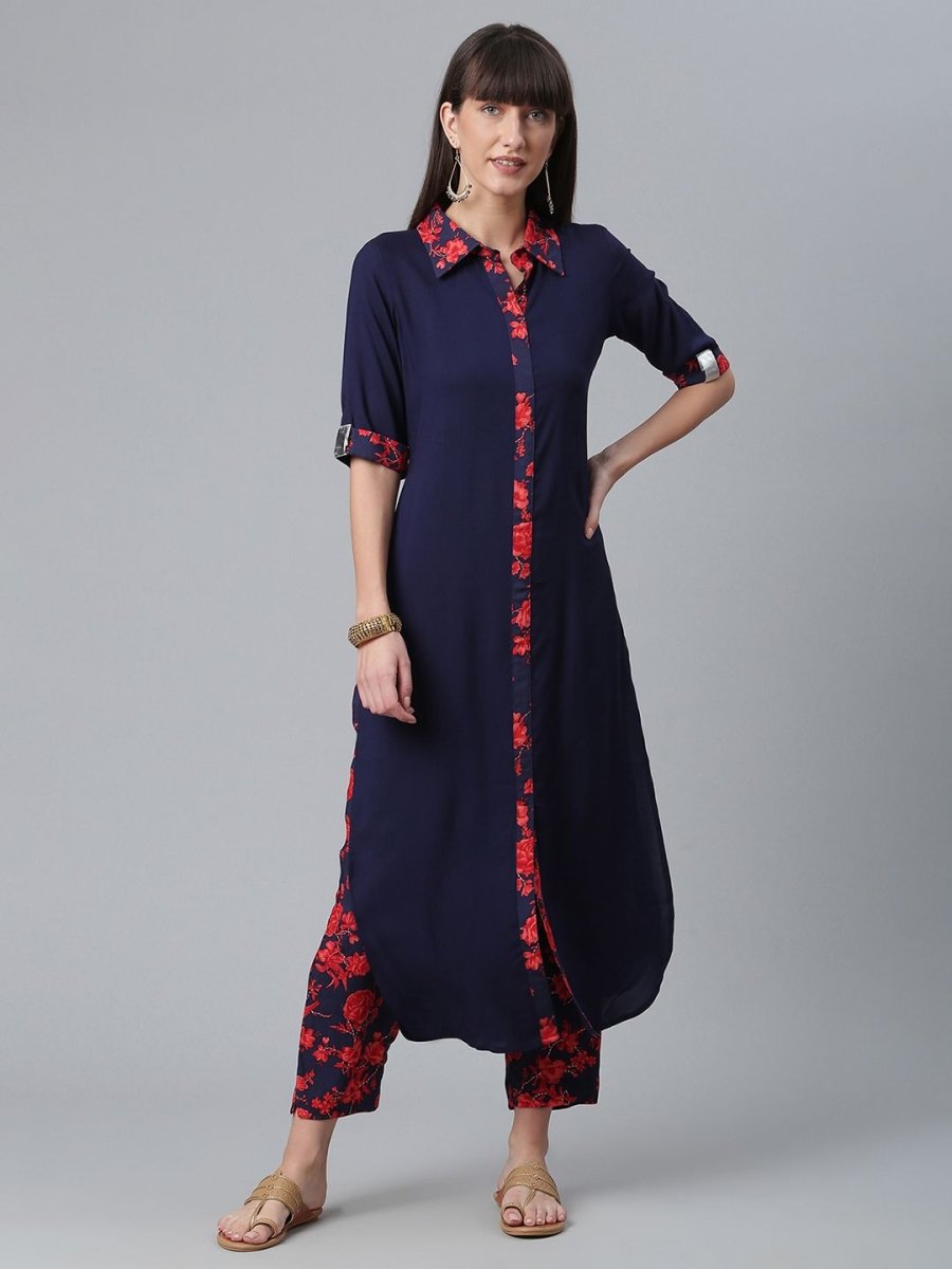 Ahalyaa Navy Blue Solid Rayon Kurta Pant Set | Grocsy