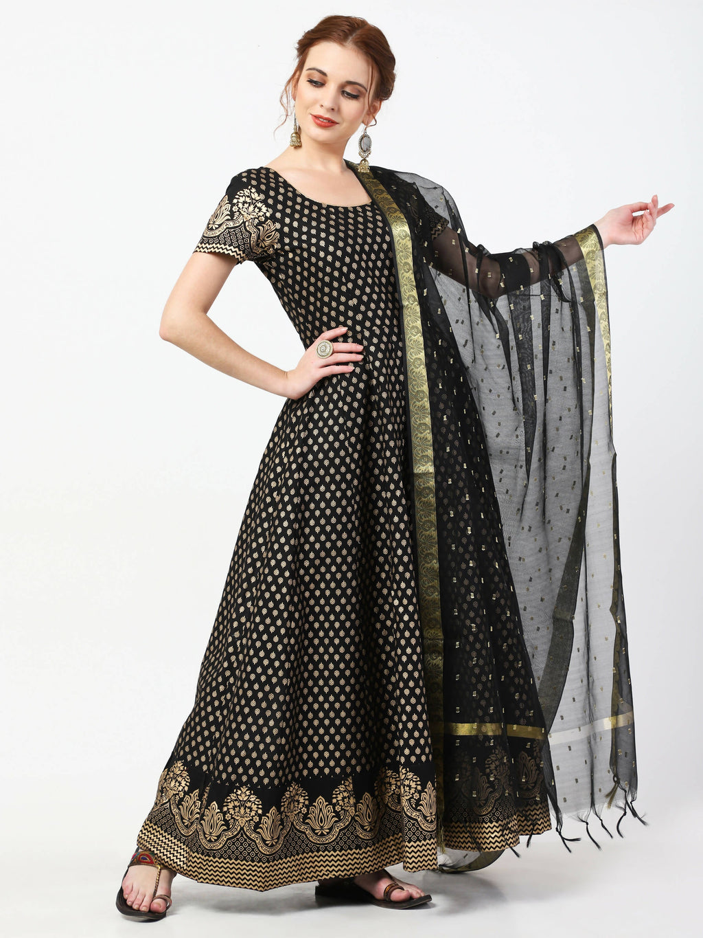 Cheera Women's Black Cotton Hand Block Print Long Dress With Silk Dupatta Set | Grocsy