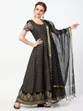 Cheera Women's Black Cotton Hand Block Print Long Dress With Silk Dupatta Set | Grocsy