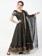 Cheera Women's Black Cotton Hand Block Print Long Dress With Silk Dupatta Set | Grocsy