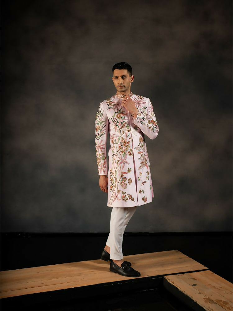 Pink Hand Embroidered Indowestern Sherwani by Hilo Design | Grocsy