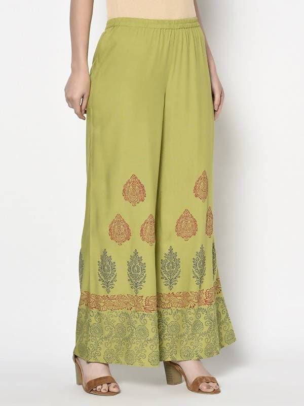 Aniyah Rayon Parrot Green Color Block Print Flared Slip-On Palazzo (AN-196K) | Grocsy