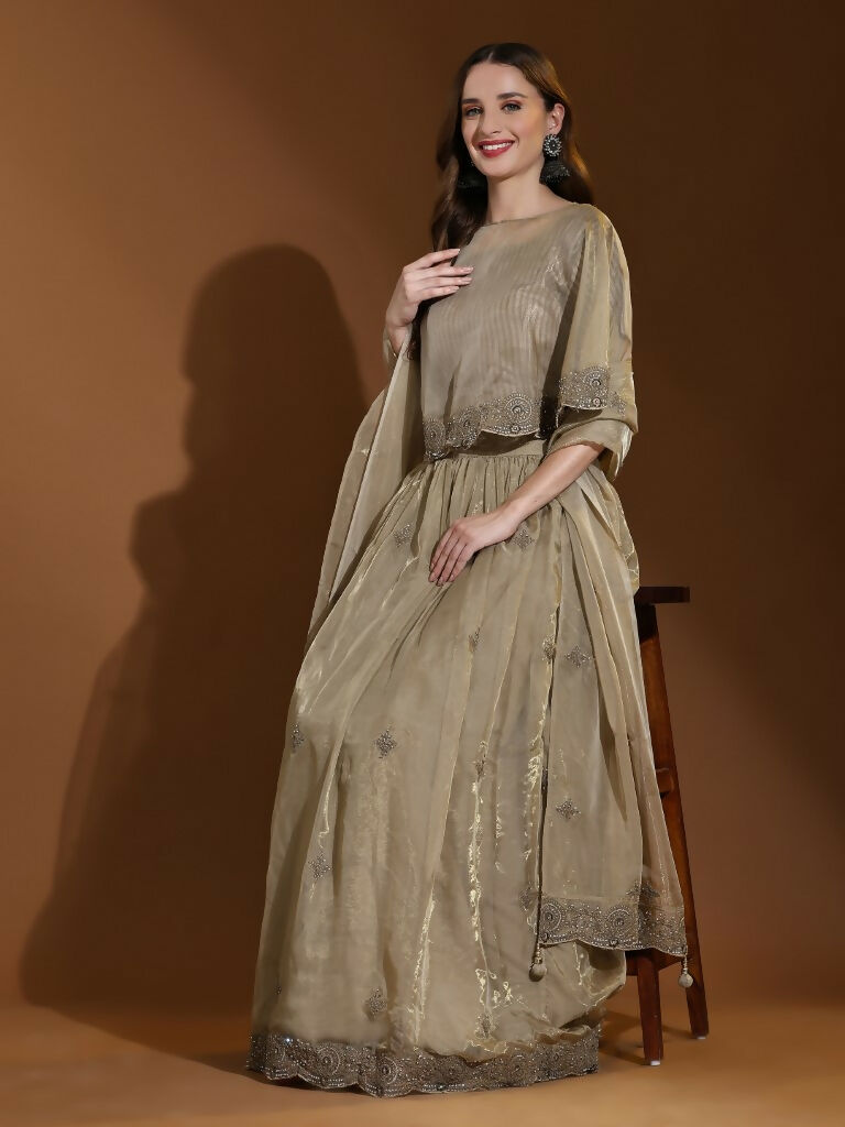 Green Silk Embroidered Poncho Pattern Top & Lehenga with Dupatta - Tanya | Grocsy