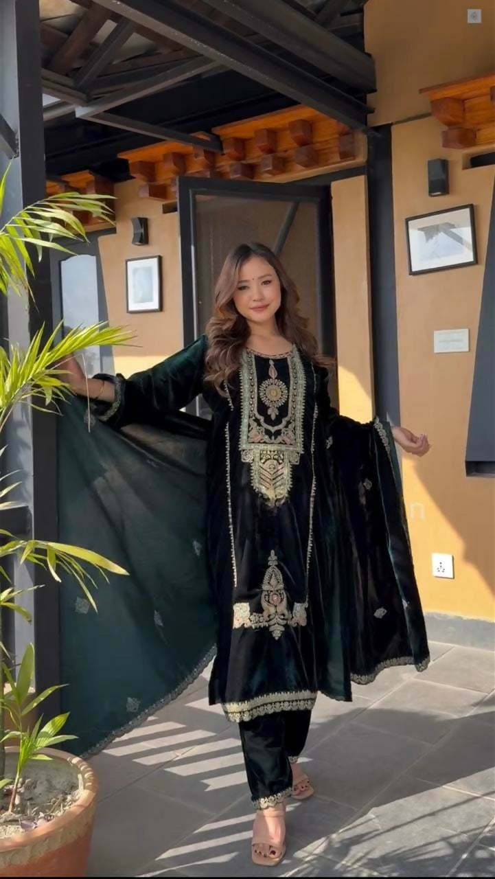 Joban Fashion Black Velvet Sequence Embroidery Work Kurta Set | Grocsy