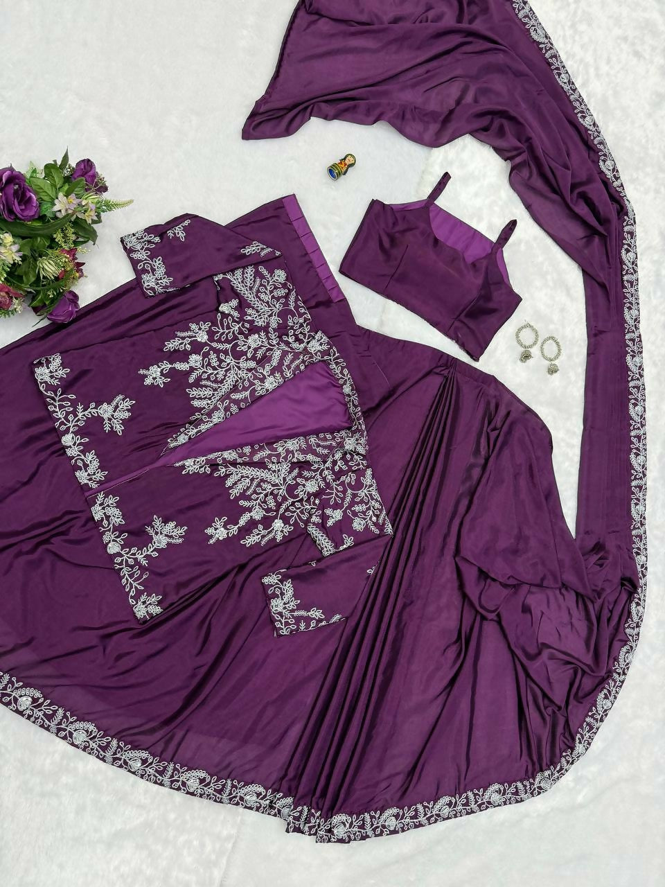 Teeya Creation Wine Color Chinon Silk Wedding Wear Ready To Wear Saree With Koti | Grocsy