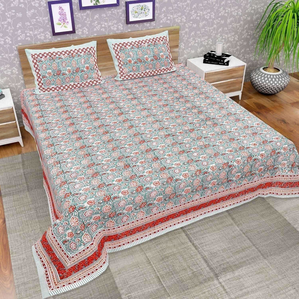 Hand Printed Jaipuri Double/Queen 230x270 Cms Bedsheet with 2 Pillow Covers | Grocsy