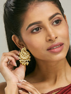 Nuyug 22K Gold-Plated Kundan Stone Studded & Pearl Drop Beaded Crescent Shaped Chandbalis | Grocsy