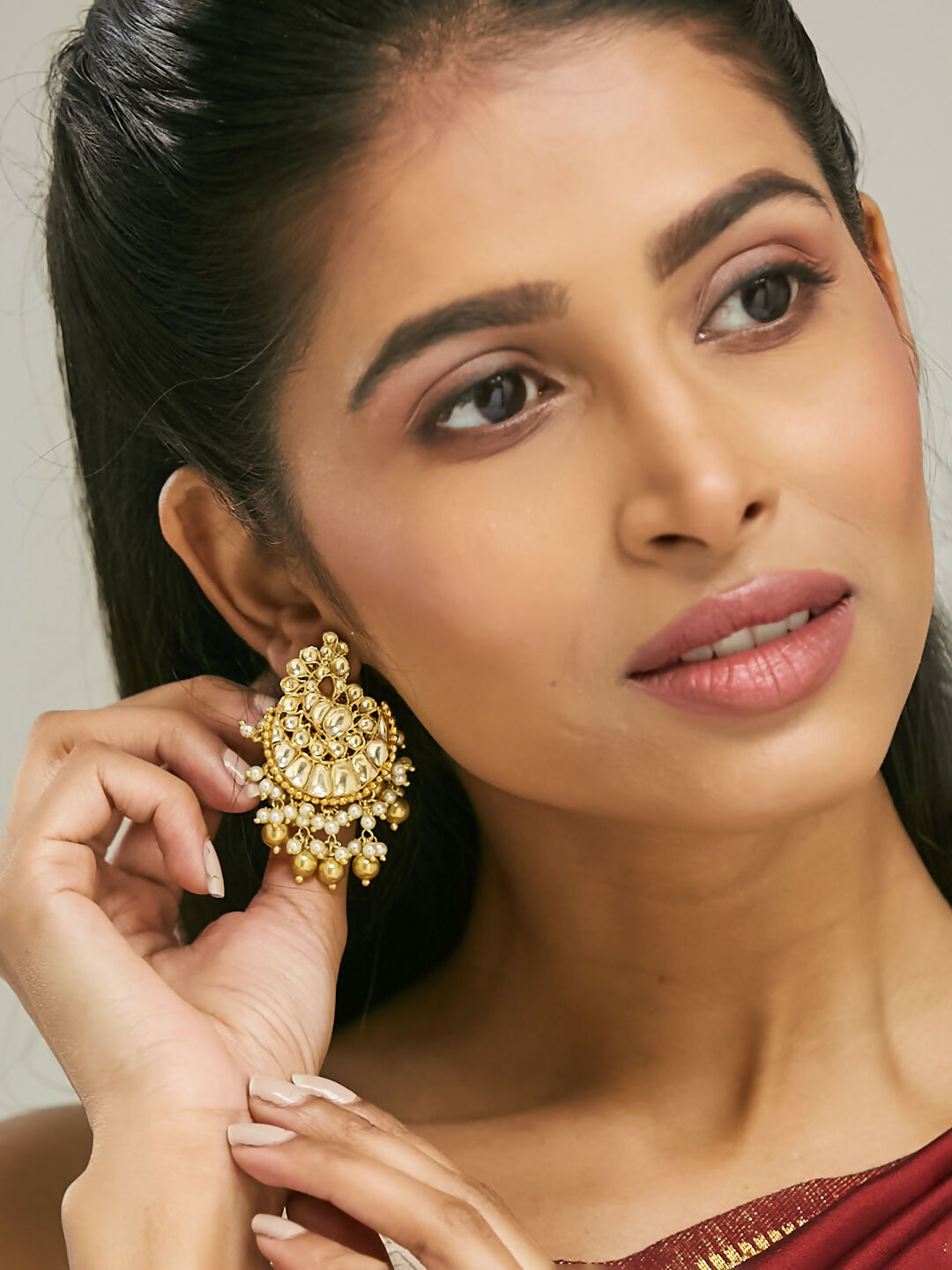 Nuyug 22K Gold-Plated Kundan Stone Studded & Pearl Drop Beaded Crescent Shaped Chandbalis | Grocsy