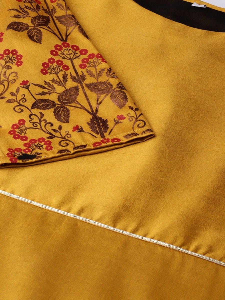 Ahalyaa Women's Mustard Poly Silk Printed Kurta Skirt Set With Dupatta | Grocsy