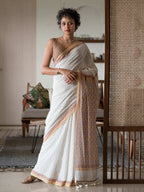 Suta White Woven Design Pure Cotton Saree | Grocsy