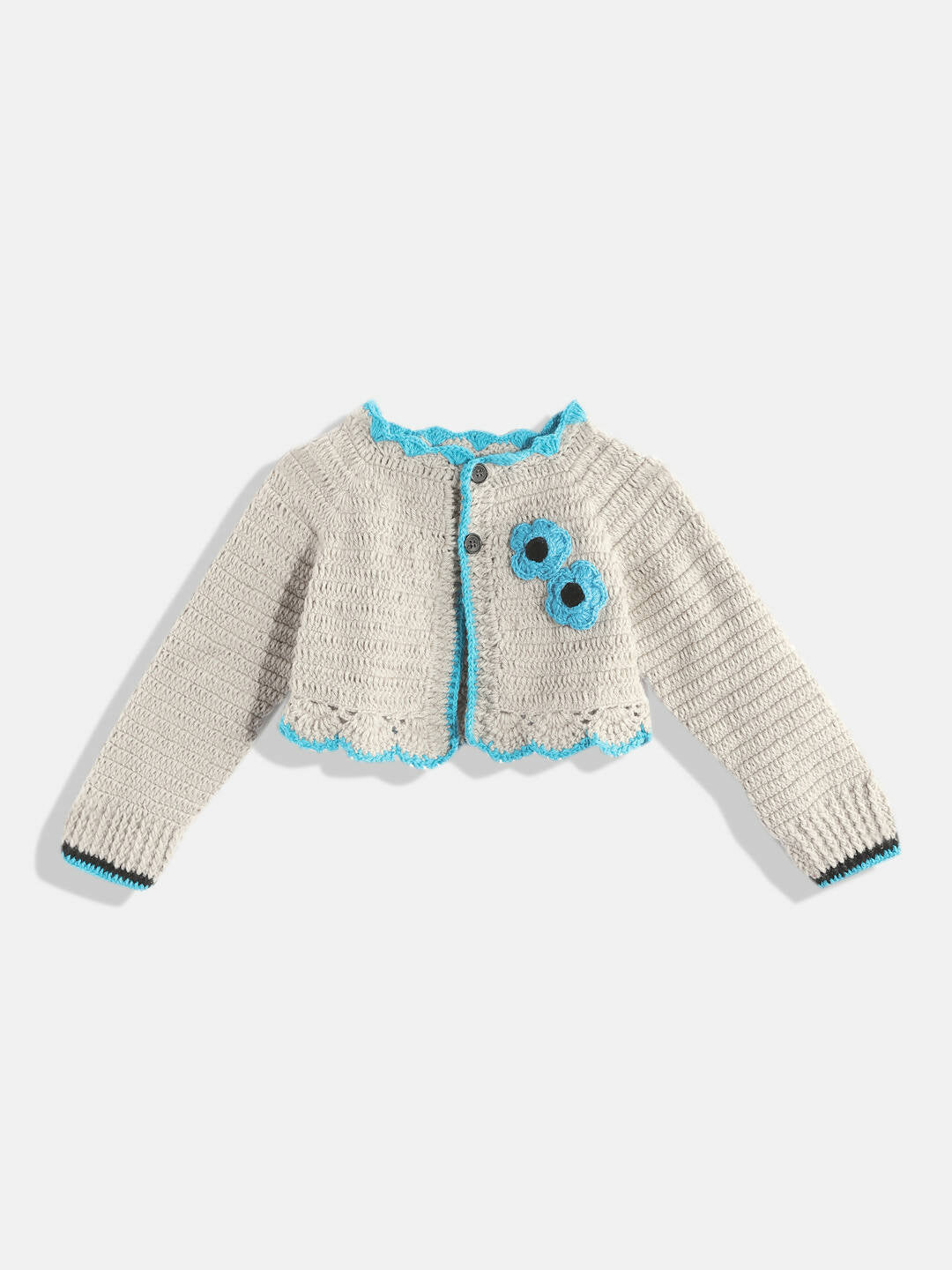 Chutput Kids Woollen Hand Knitted Full Sleeves Cardigan With Short Sleeves Flower Work Dress For Baby Girls - Grey | Grocsy