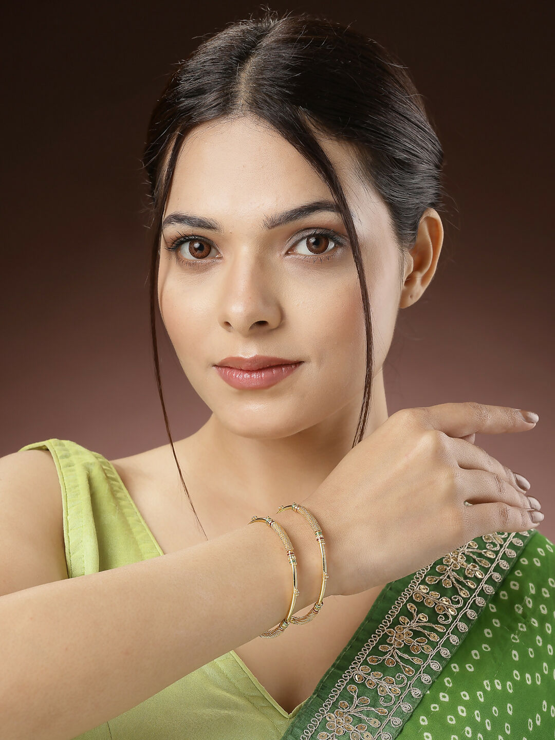 NVR Women's Set of 2 Gold-Polished Handcrafted Traditional Bangles