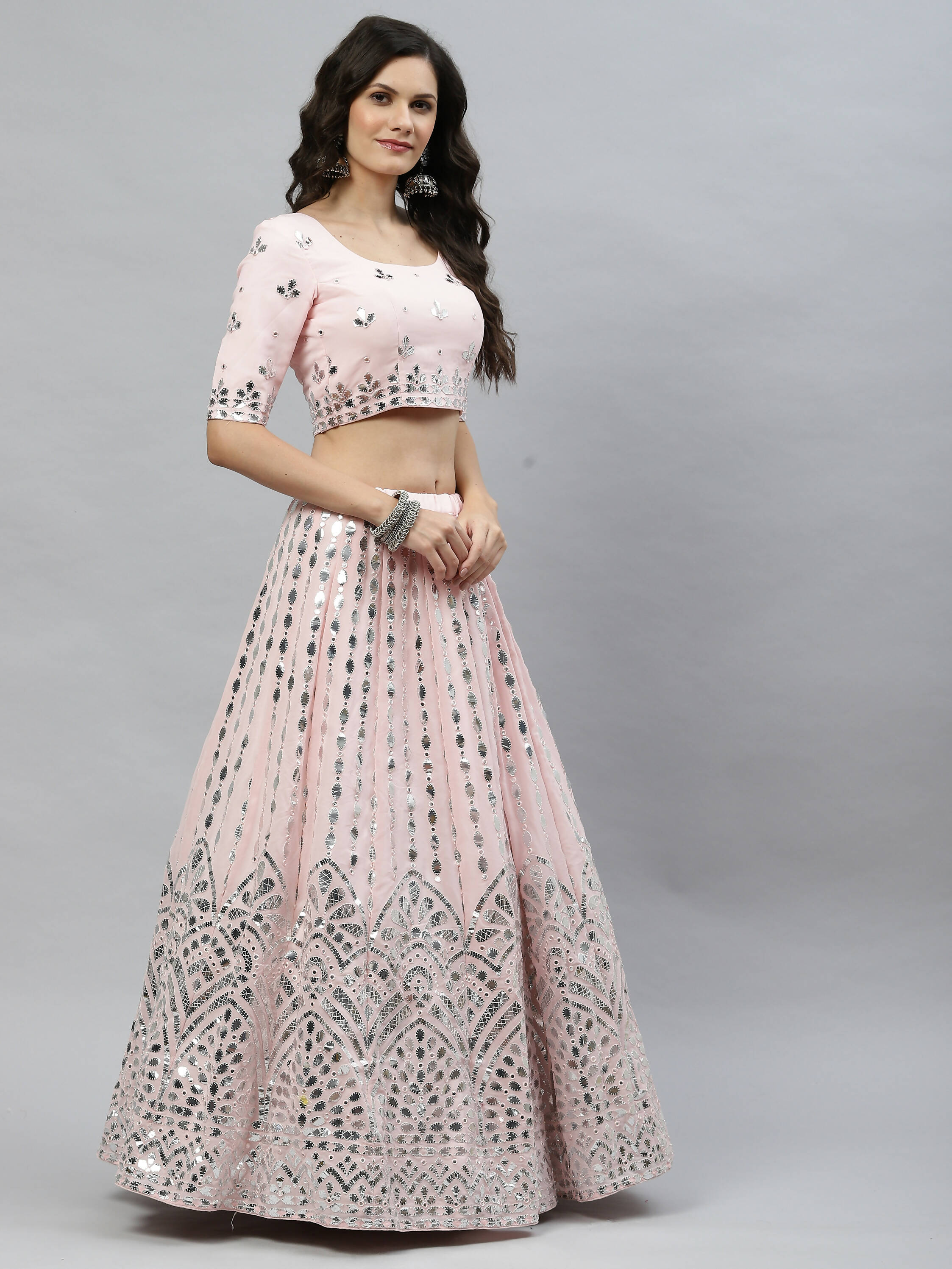 Pink Georgette Paper Mirror Embroidery Work Lehenga Choli with Dupatta - Jivika | Grocsy