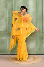 Piyari Fashion Women's Yellow Embellished Cotton Blend Embroidery Saree | Grocsy