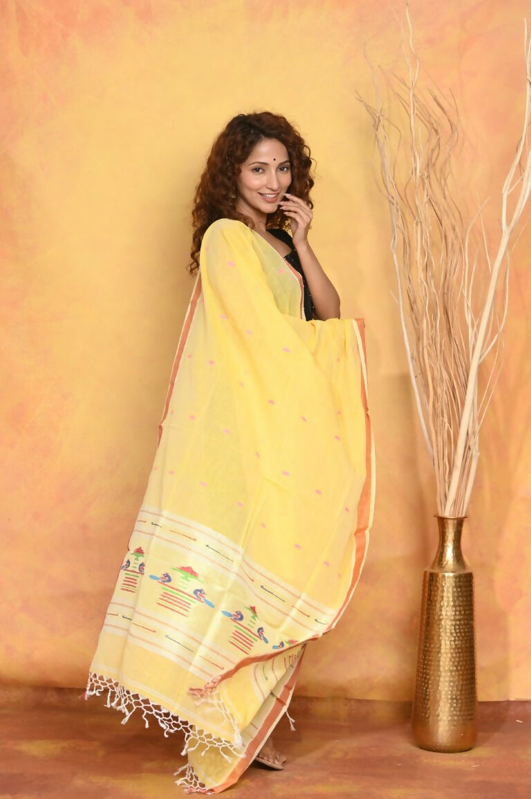 Very Much Indian Handloom Pure Cotton Paithani Dupatta - Yellow | Grocsy