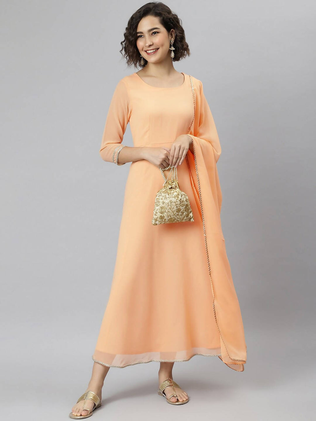 Janasya Women Peach-Coloured Flared Sleeves Georgette Anarkali Kurta | Grocsy