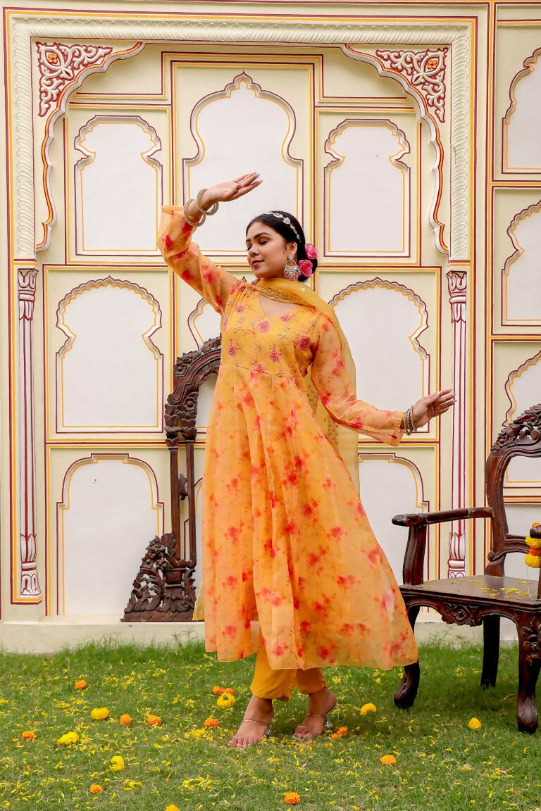 Vaasva Women Yellow Organza Floral Embroidered Anarkali Kurta, Pant & Dupatta set | Grocsy