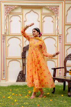 Vaasva Women Yellow Organza Floral Embroidered Anarkali Kurta, Pant & Dupatta set | Grocsy
