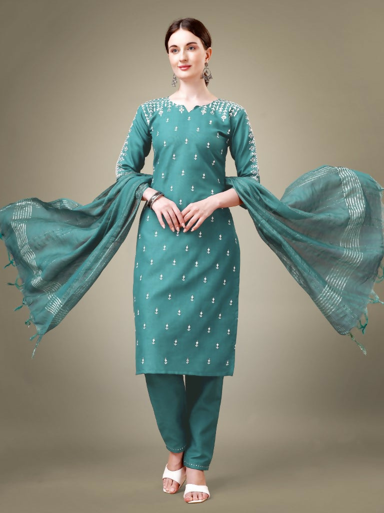 Jyoti Fashion Women's Teal Cotton Blend Embroidery & Sequence work Kurta with Trouser & Dupatta | Grocsy