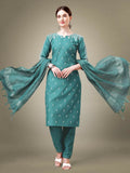 Jyoti Fashion Women's Teal Cotton Blend Embroidery & Sequence work Kurta with Trouser & Dupatta | Grocsy