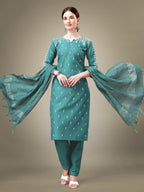Jyoti Fashion Women's Teal Cotton Blend Embroidery & Sequence work Kurta with Trouser & Dupatta | Grocsy