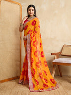 Yellow Georgette Printed Designer, Embroidery Work Lace Border Saree - Aarvi | Grocsy