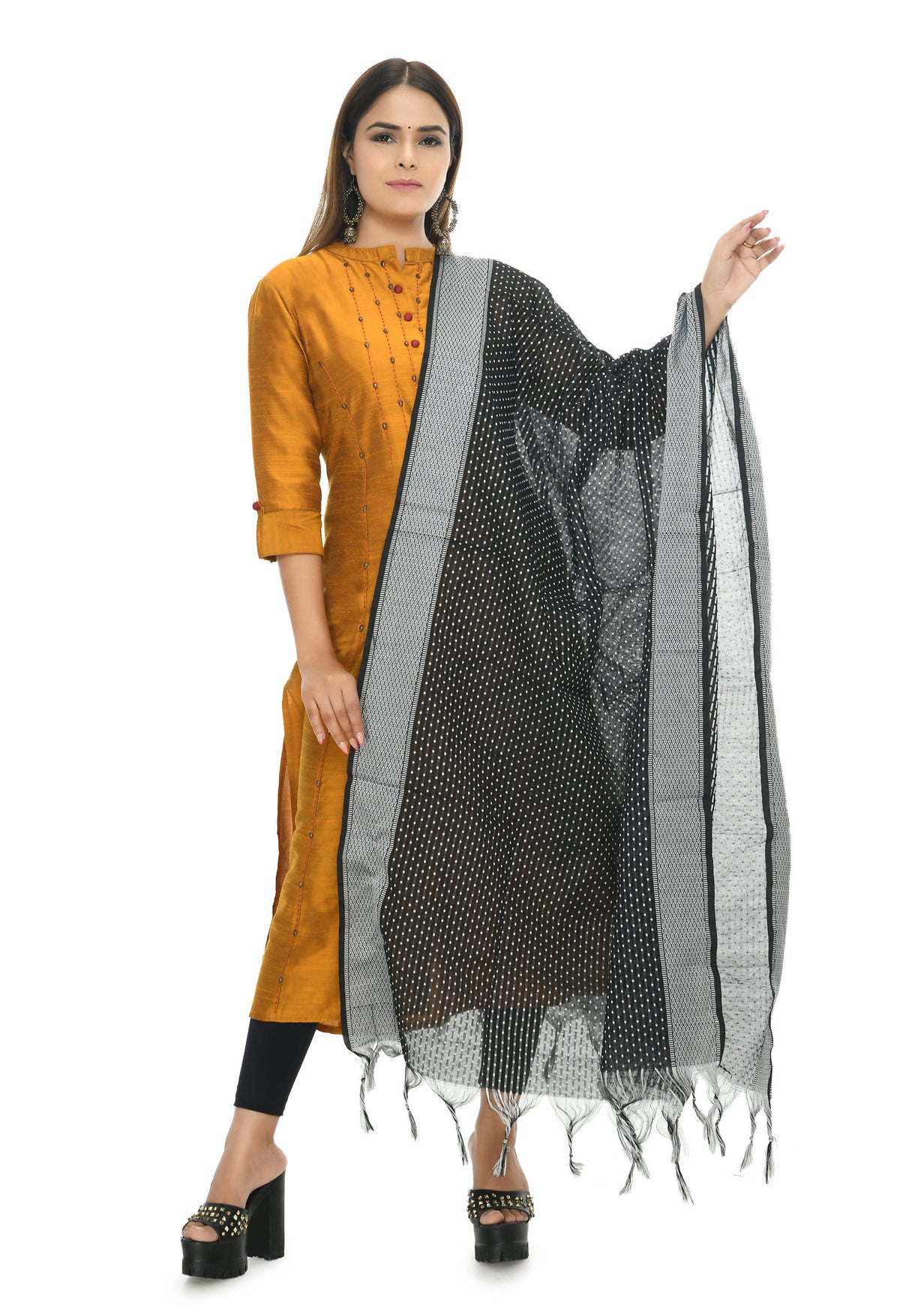 Mominos Fashion Moeza Handloom Cotton Black Dot Dupatta | Grocsy