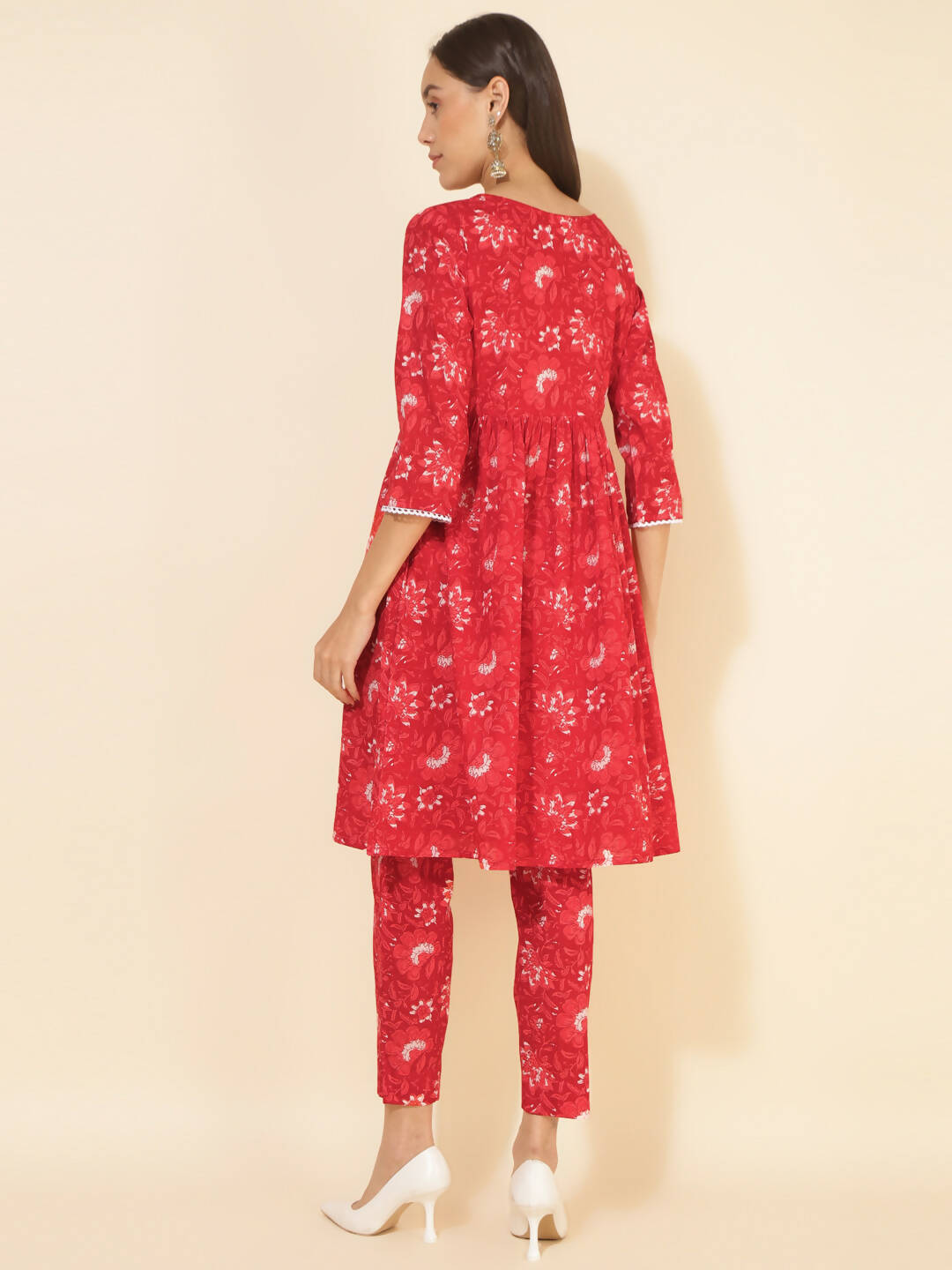 Janasya Women's Red Cotton Floral Printed Casual Flared Co-ords | Grocsy