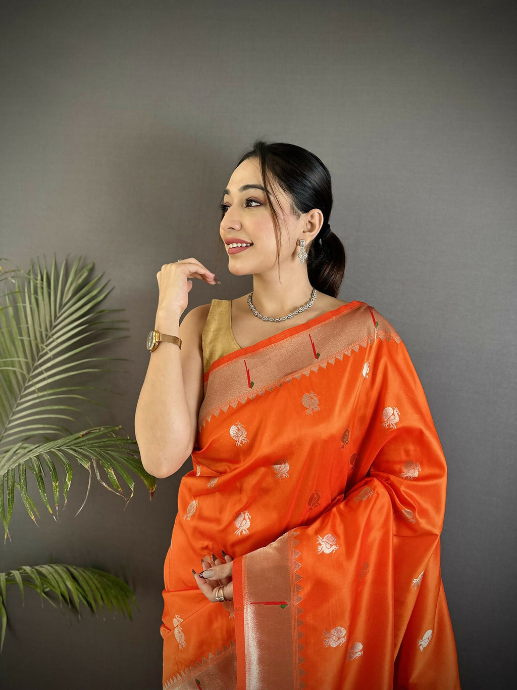 Joban Fashion Orange Peacock & Floral Motifs Soft Silk Kanchipuram Saree | Grocsy