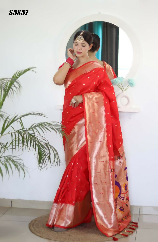Red Woven Jacquard Designer Embroidery Work Party Wear Saree - Parampara | Grocsy
