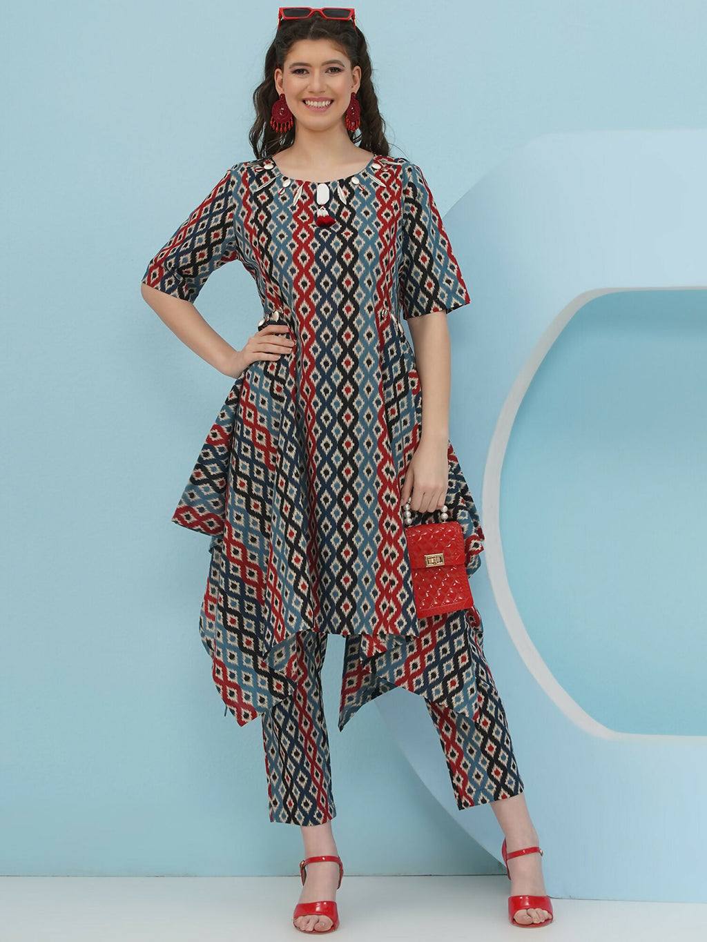 Joban Fashion Ikkat Printed Co Ord Set - Blue Red | Grocsy