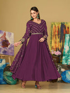 Jyoti Fashion Women's Purple Georgette Embroidered Anarkali Kurta Pant Set With Dupatta | Grocsy