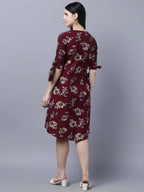 Myshka Women Burgundy Beige Floral Print A-line Dress | Grocsy