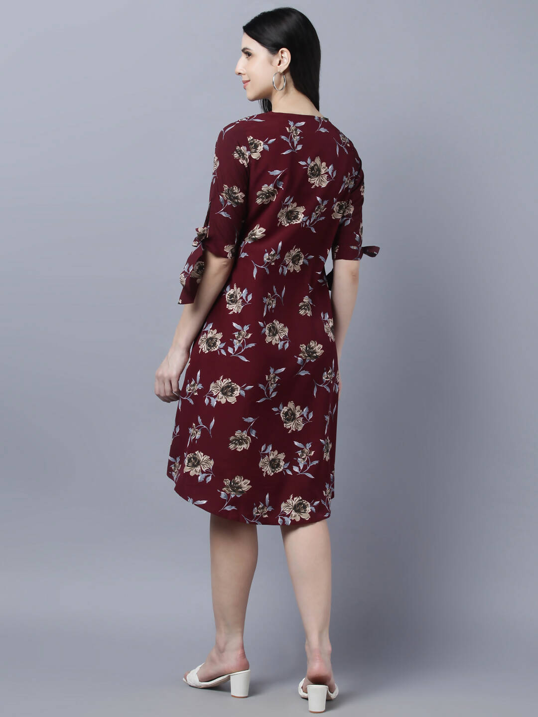 Myshka Women Burgundy Beige Floral Print A-line Dress | Grocsy