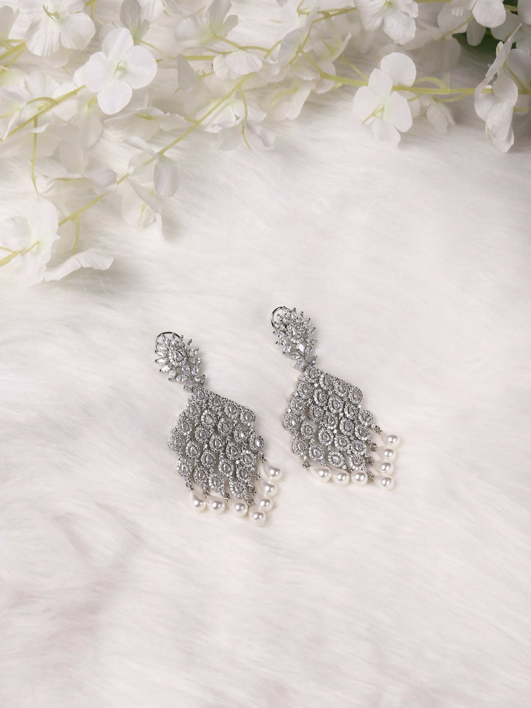 Silver Earrings with Pearl Drops- Ruby Raang | Grocsy