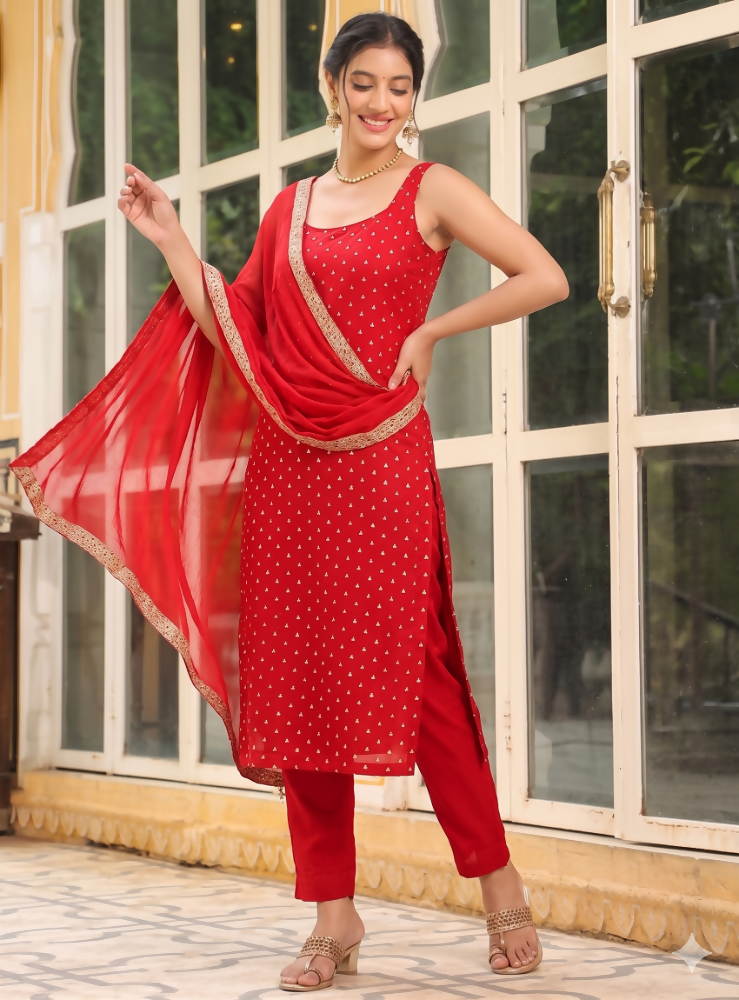 Teeya Creation Womens New Elegant Red Embroidered Kurti with Matching Bottom Set | Grocsy