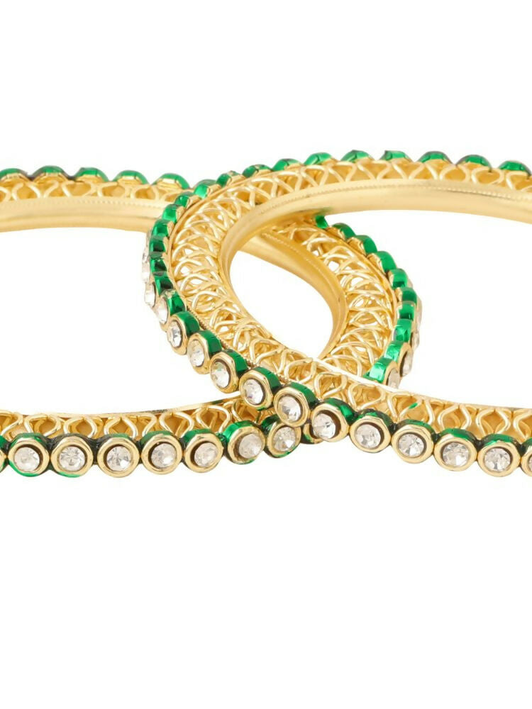 NVR Women Set of 2 Gold-Polished Green Kundan Studded Bangles
