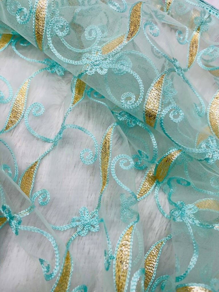 Vastranavya Soft Crush Georgette With Embroidery and Foil Multi Thread Work Saree - Turquoise | Grocsy