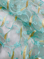 Vastranavya Soft Crush Georgette With Embroidery and Foil Multi Thread Work Saree - Turquoise | Grocsy