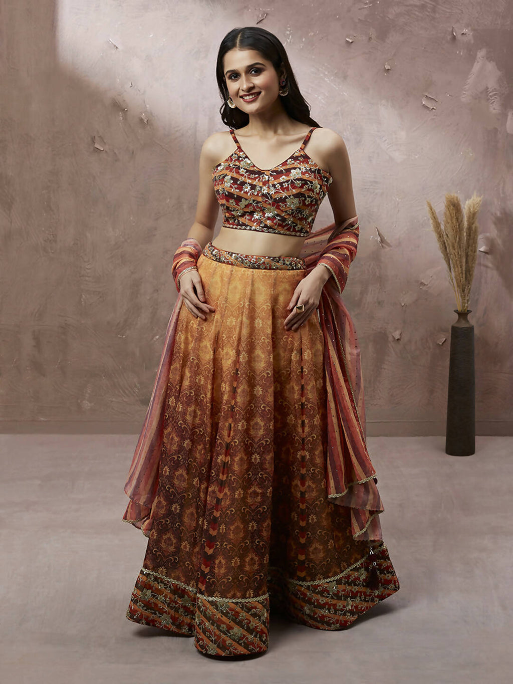 House of Panchhi Brown Organza Floral Print and sequinse work Lehenga choli & Dupatta | Grocsy